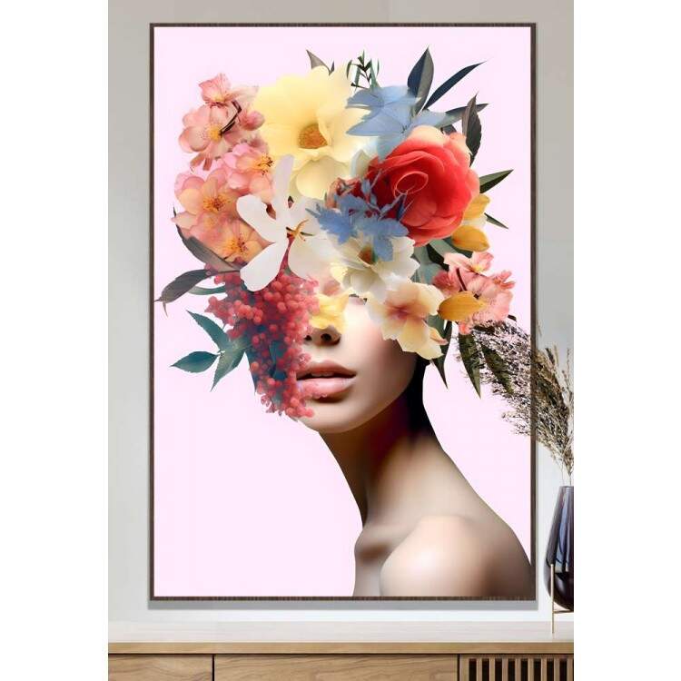 Quadro Decorativo Colagem de Flores em Mulher Olhando de Lado