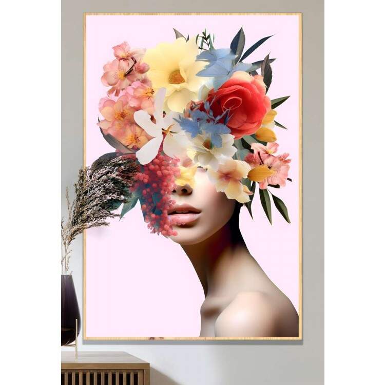 Quadro Decorativo Colagem de Flores em Mulher Olhando de Lado