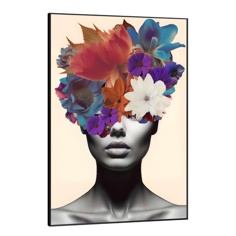 Quadro Decorativo Colagem de Flores em Mulher Preto e Branco