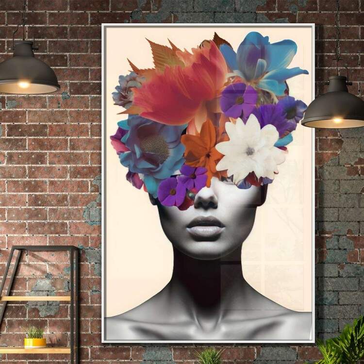 Quadro Decorativo Colagem de Flores em Mulher Preto e Branco