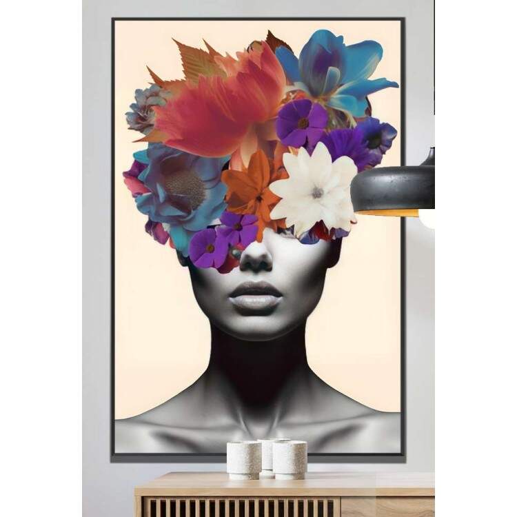Quadro Decorativo Colagem de Flores em Mulher Preto e Branco