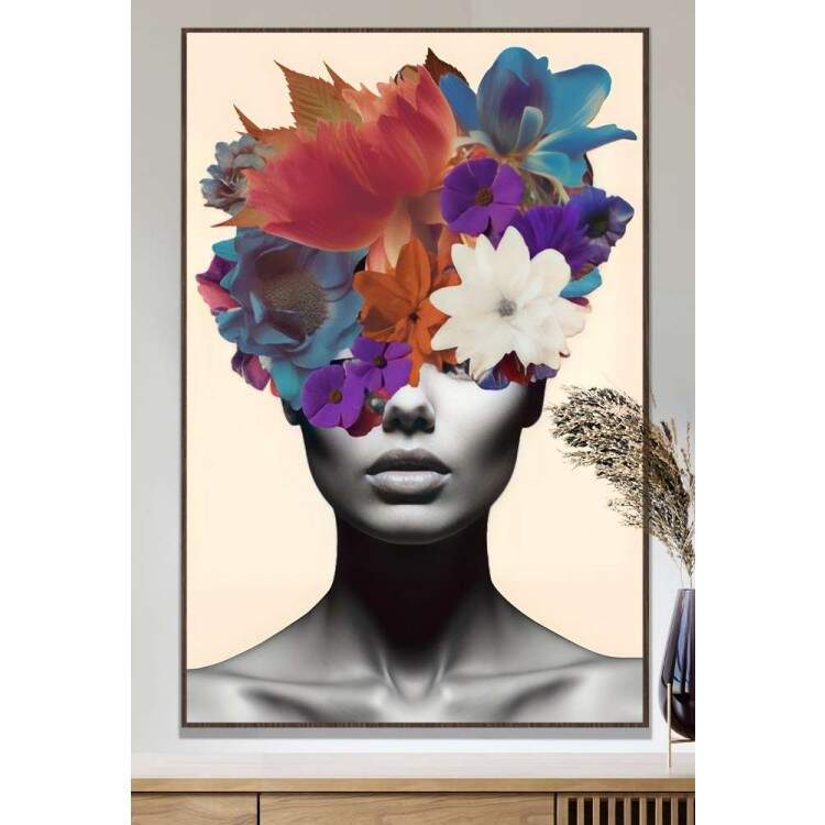 Quadro Decorativo Colagem de Flores em Mulher Preto e Branco