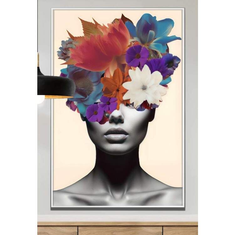 Quadro Decorativo Colagem de Flores em Mulher Preto e Branco