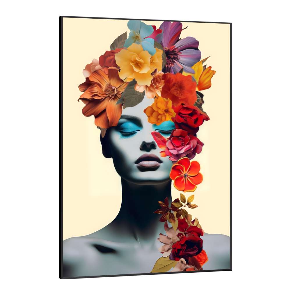 Quadro Decorativo Colagem de Flores em Mulher Tons de Azul