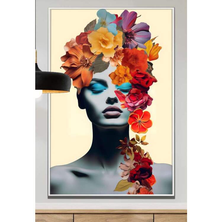 Quadro Decorativo Colagem de Flores em Mulher Tons de Azul