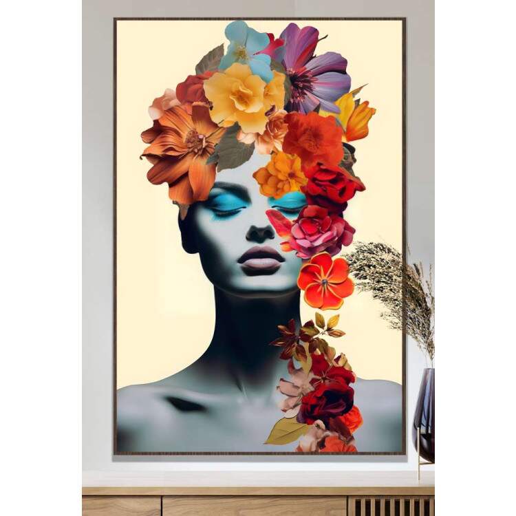 Quadro Decorativo Colagem de Flores em Mulher Tons de Azul
