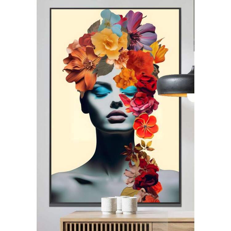 Quadro Decorativo Colagem de Flores em Mulher Tons de Azul