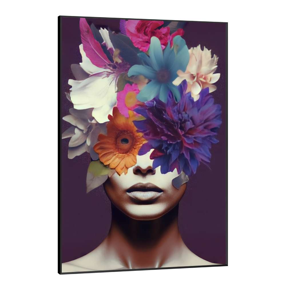 Quadro Decorativo Colagem de Flores em Mulher Tons de Roxo
