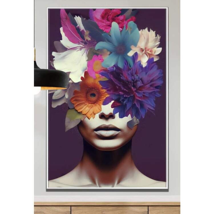 Quadro Decorativo Colagem de Flores em Mulher Tons de Roxo