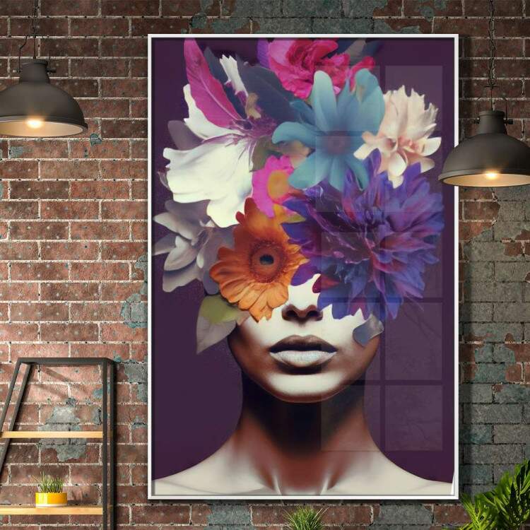 Quadro Decorativo Colagem de Flores em Mulher Tons de Roxo