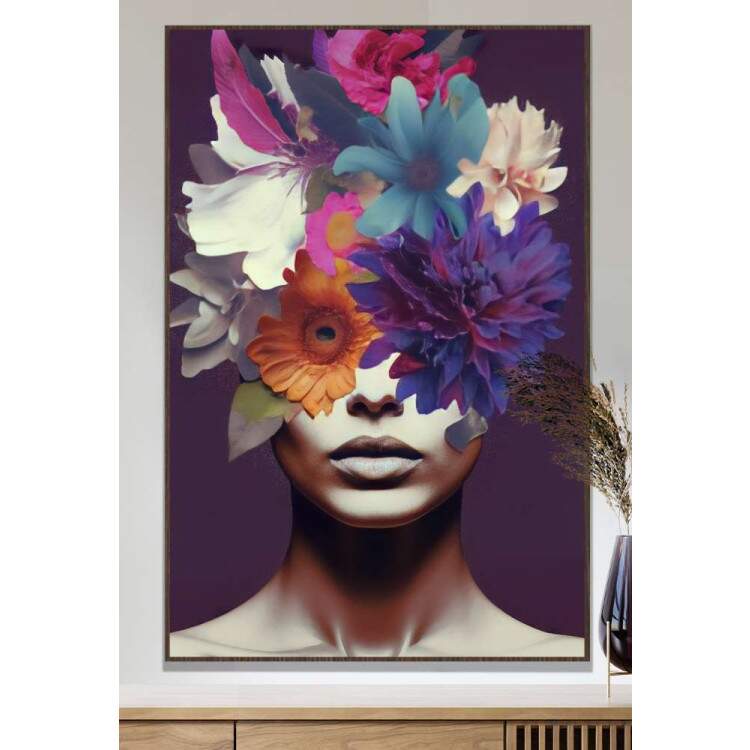 Quadro Decorativo Colagem de Flores em Mulher Tons de Roxo