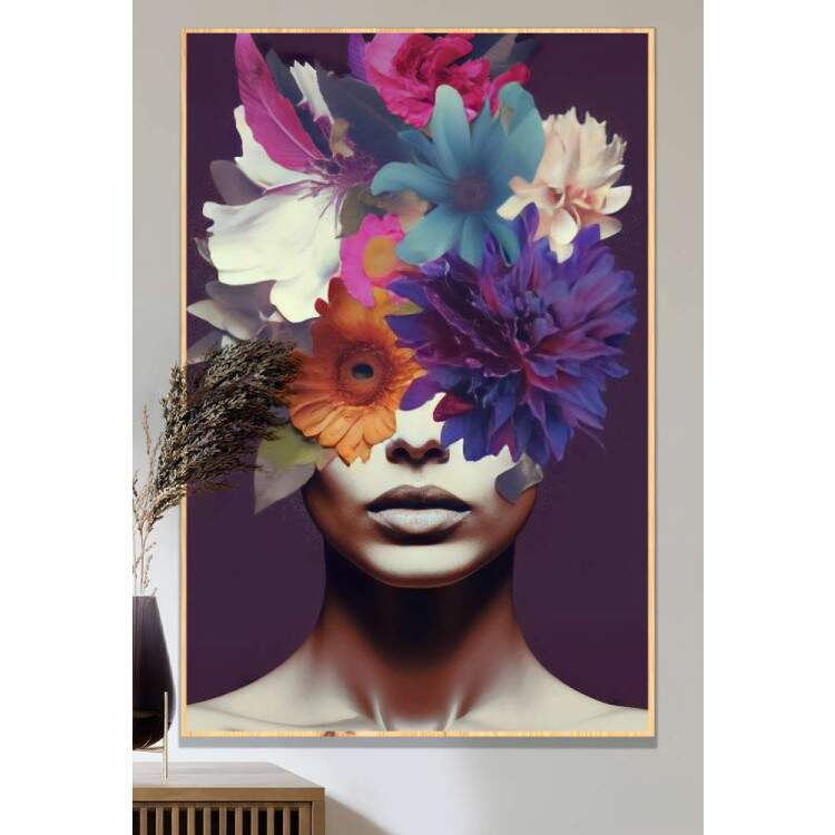 Quadro Decorativo Colagem de Flores em Mulher Tons de Roxo