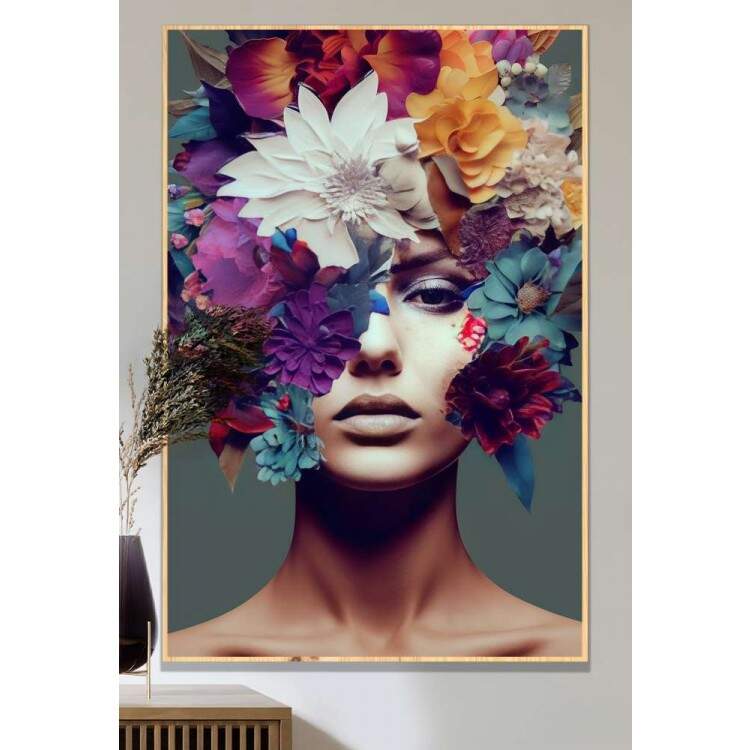 Quadro Decorativo Colagem de Flores em Mulher Tons de Roxo e Verde