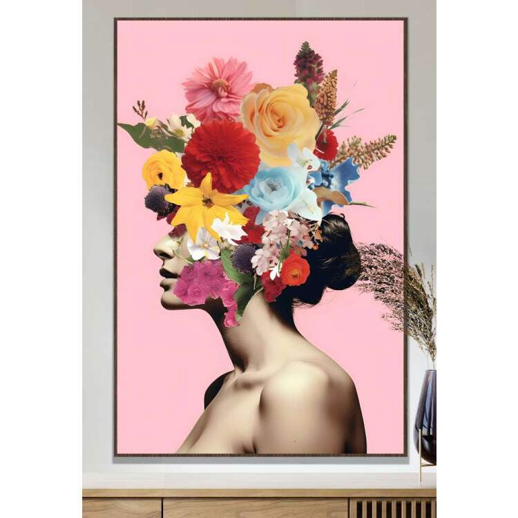 Quadro Decorativo Colagem de Flores em Perfil de Mulher