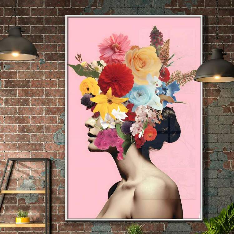 Quadro Decorativo Colagem de Flores em Perfil de Mulher