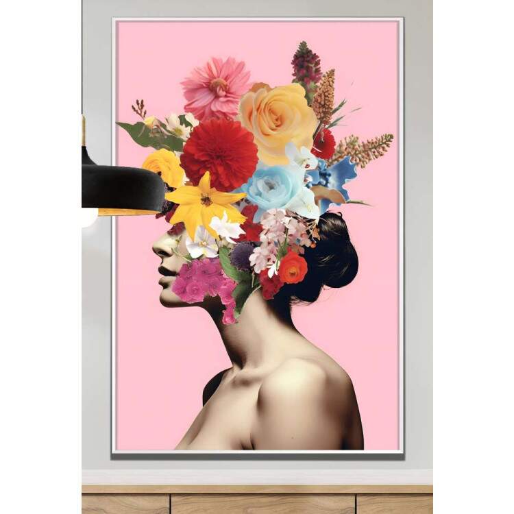 Quadro Decorativo Colagem de Flores em Perfil de Mulher