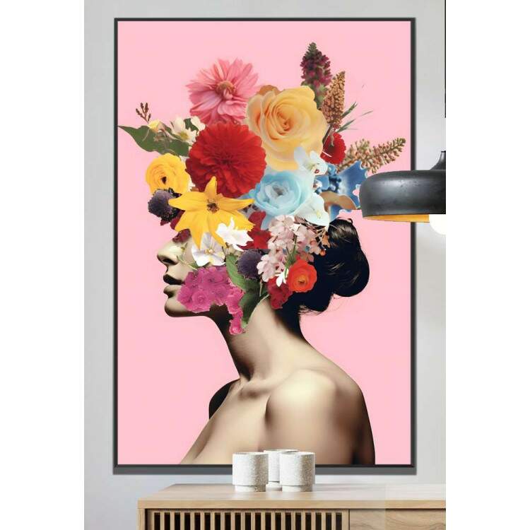 Quadro Decorativo Colagem de Flores em Perfil de Mulher