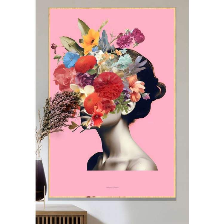 Quadro Decorativo Colagem de Flores em Rosto de Mulher Fundo Rosa