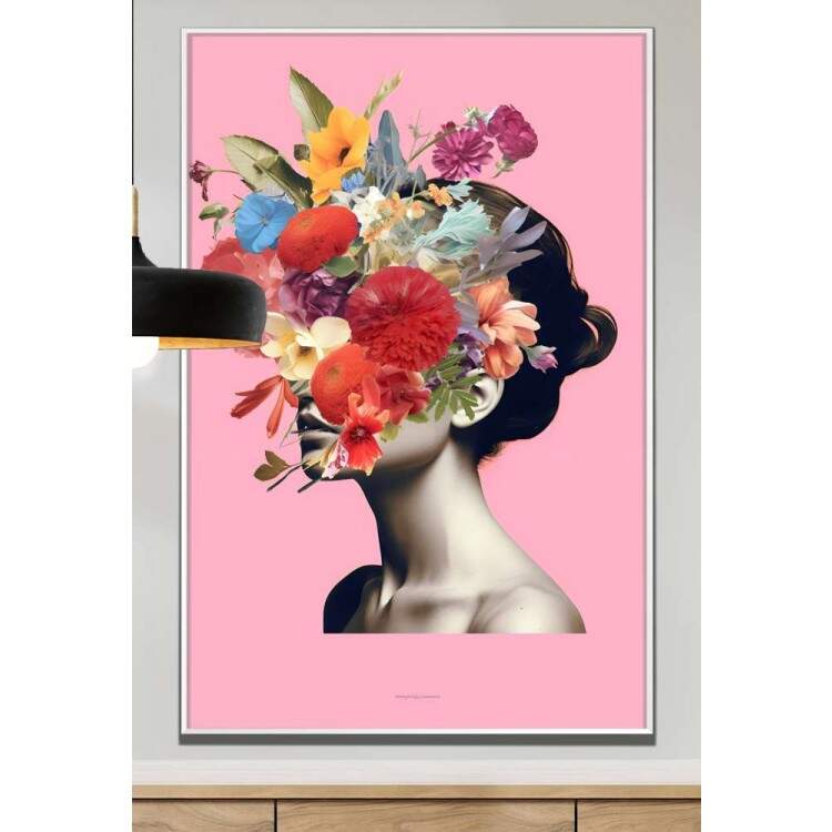 Quadro Decorativo Colagem de Flores em Rosto de Mulher Fundo Rosa