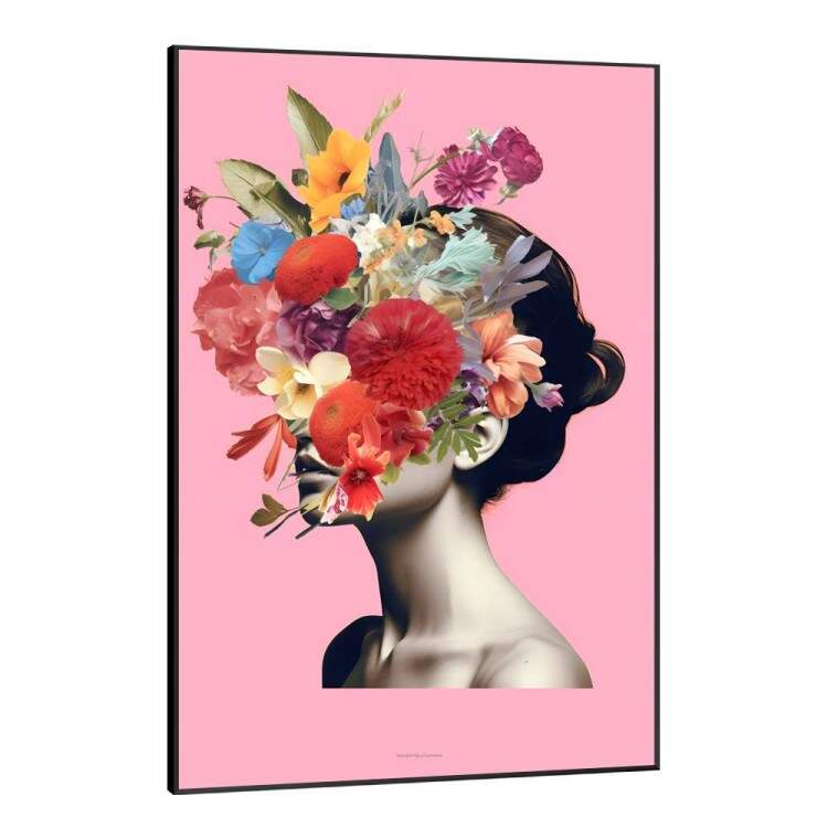 Quadro Decorativo Colagem de Flores em Rosto de Mulher Fundo Rosa