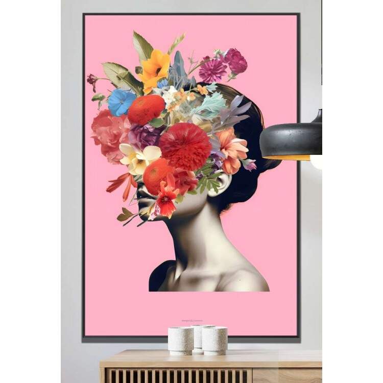 Quadro Decorativo Colagem de Flores em Rosto de Mulher Fundo Rosa