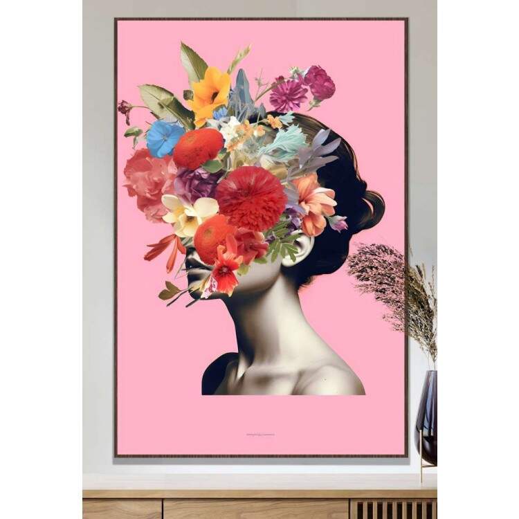 Quadro Decorativo Colagem de Flores em Rosto de Mulher Fundo Rosa