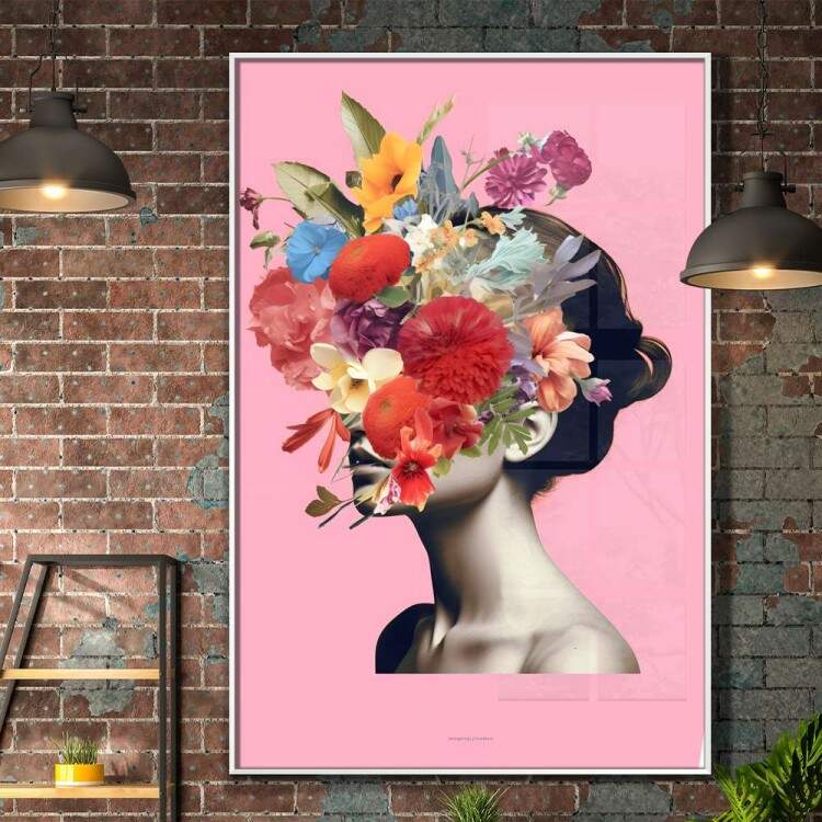 Quadro Decorativo Colagem de Flores em Rosto de Mulher Fundo Rosa