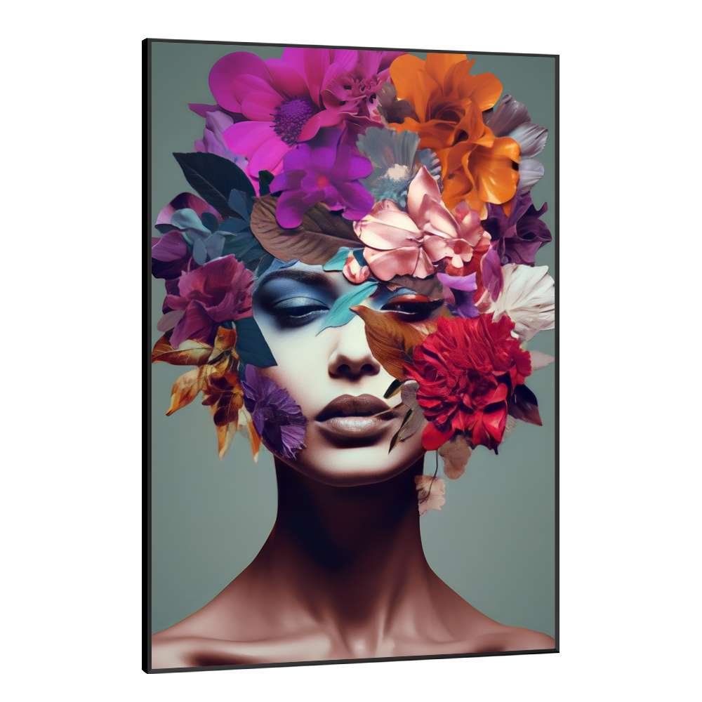Quadro Decorativo Colagem de Flores em Volta de Mulher