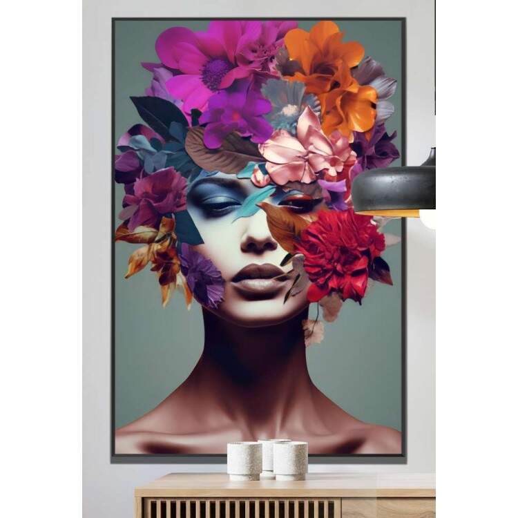 Quadro Decorativo Colagem de Flores em Volta de Mulher