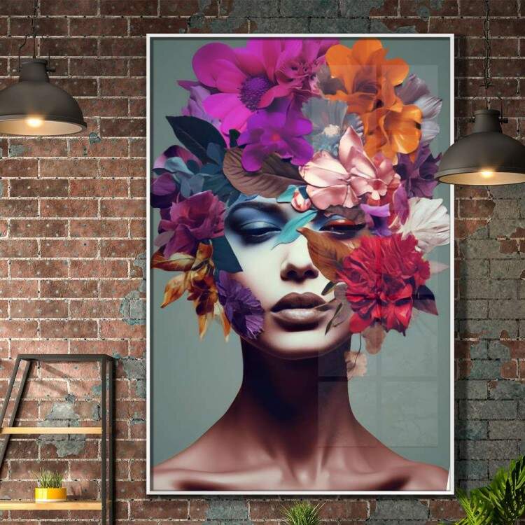 Quadro Decorativo Colagem de Flores em Volta de Mulher