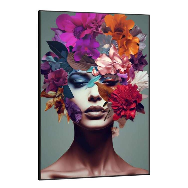 Quadro Decorativo Colagem de Flores em Volta de Mulher