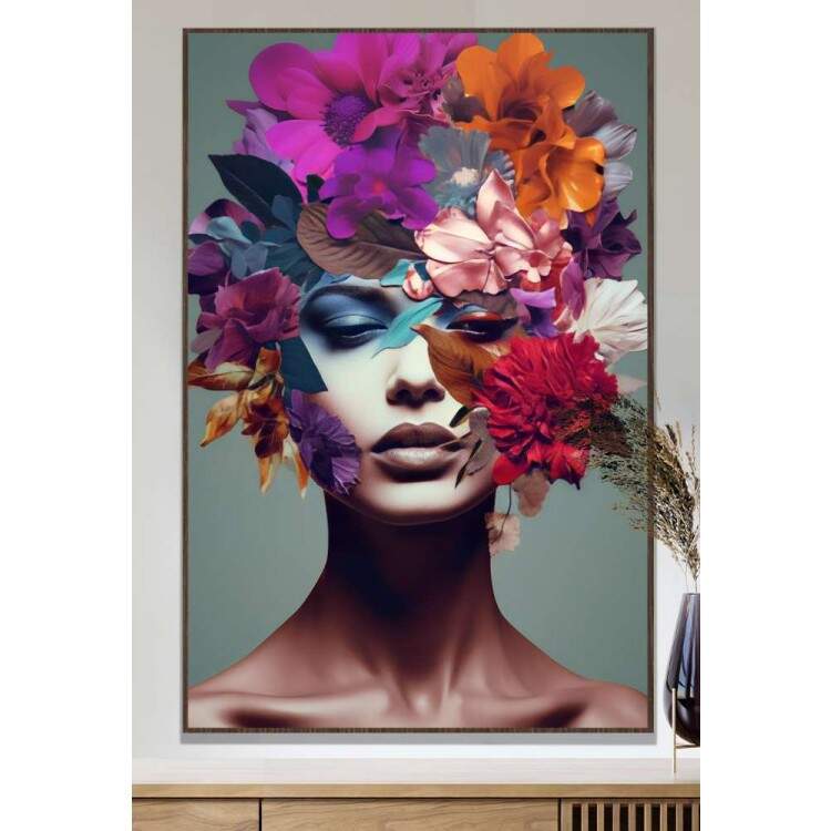 Quadro Decorativo Colagem de Flores em Volta de Mulher