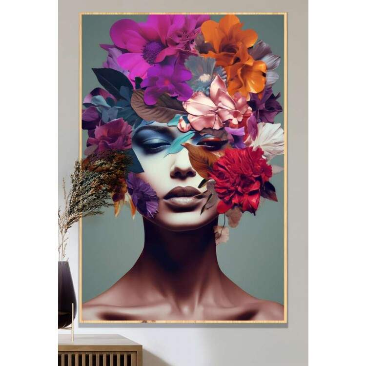 Quadro Decorativo Colagem de Flores em Volta de Mulher