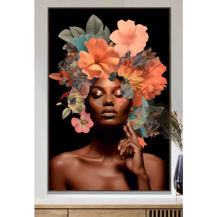 Quadro Decorativo Colagem de Flores Fundo Preto Black Woman