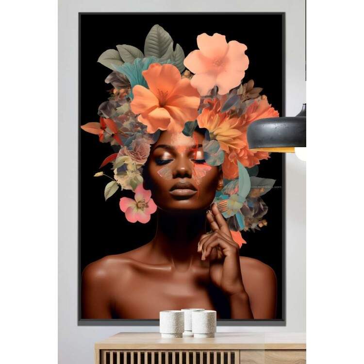 Quadro Decorativo Colagem de Flores Fundo Preto Black Woman