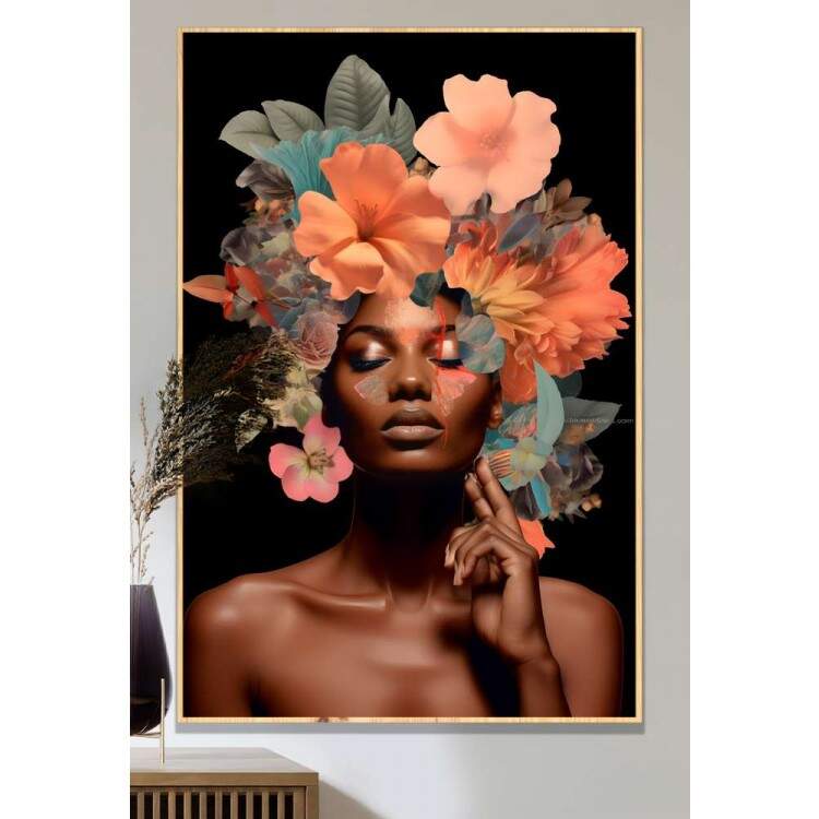 Quadro Decorativo Colagem de Flores Fundo Preto Black Woman