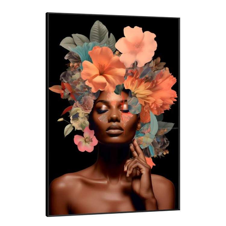 Quadro Decorativo Colagem de Flores Fundo Preto Black Woman