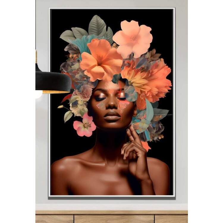 Quadro Decorativo Colagem de Flores Fundo Preto Black Woman