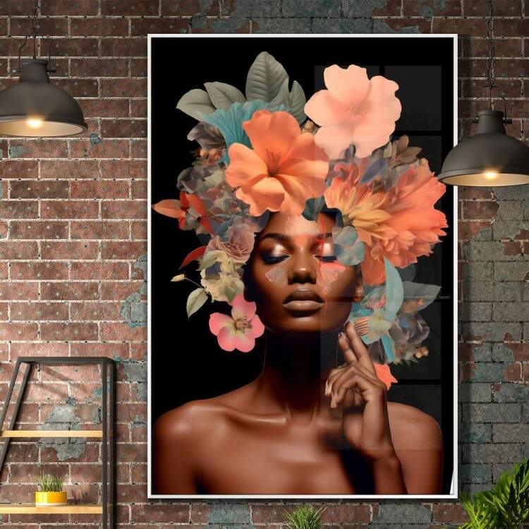 Quadro Decorativo Colagem de Flores Fundo Preto Black Woman