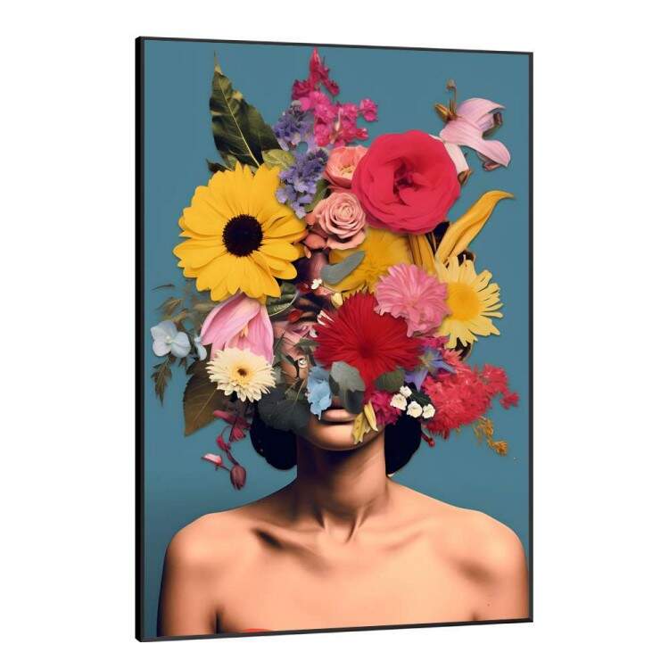 Quadro Decorativo Colagem de Flores Mostrando Busto de Mulher Fundo Azul
