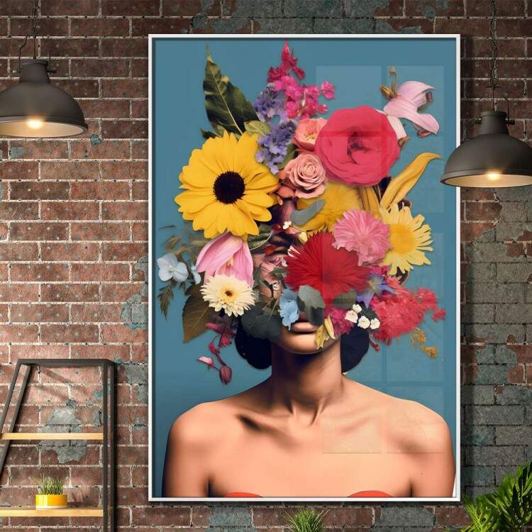 Quadro Decorativo Colagem de Flores Mostrando Busto de Mulher Fundo Azul