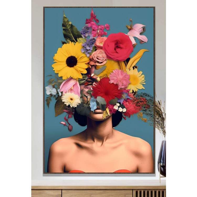 Quadro Decorativo Colagem de Flores Mostrando Busto de Mulher Fundo Azul