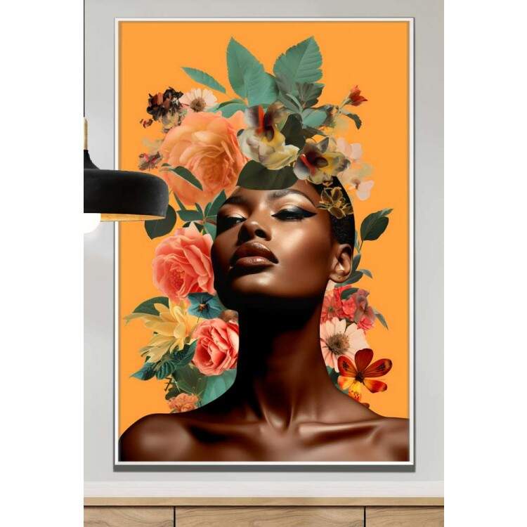 Quadro Decorativo Colagem de Flores no Fundo Amarelo Black Woman