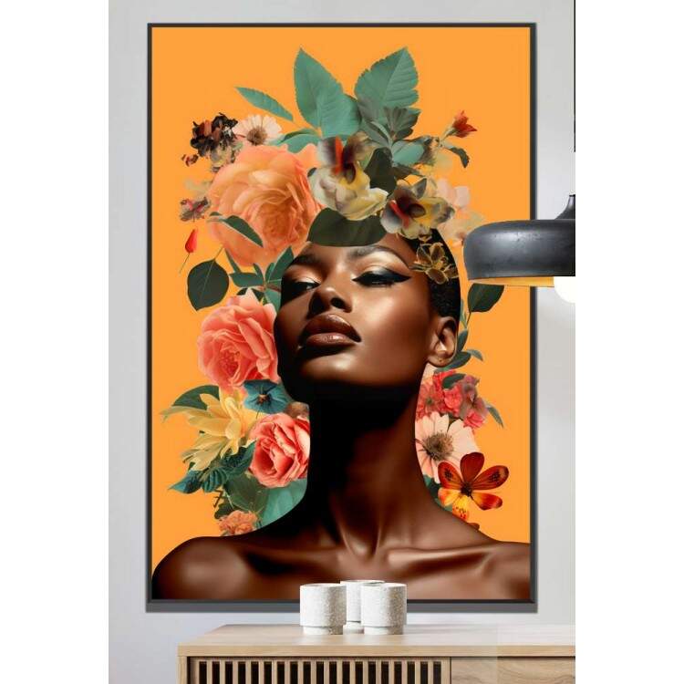 Quadro Decorativo Colagem de Flores no Fundo Amarelo Black Woman