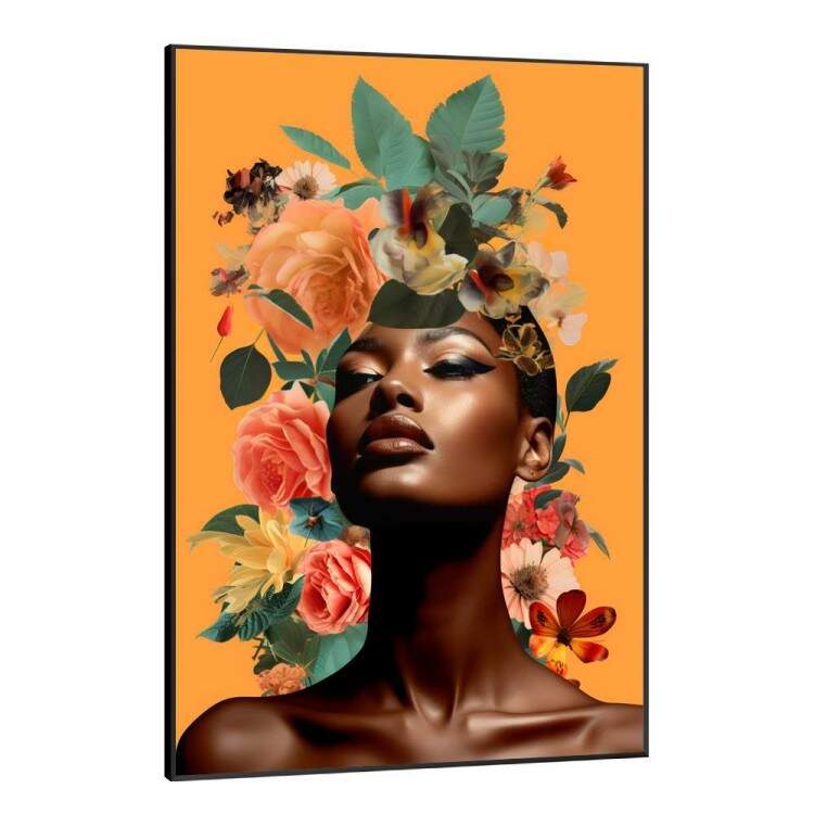 Quadro Decorativo Colagem de Flores no Fundo Amarelo Black Woman