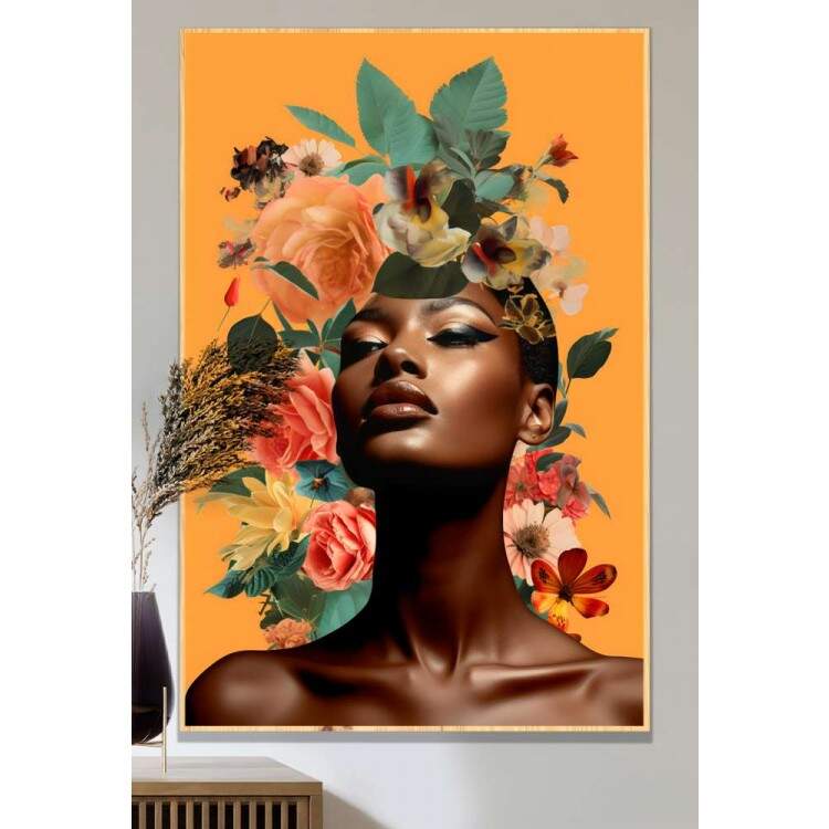 Quadro Decorativo Colagem de Flores no Fundo Amarelo Black Woman