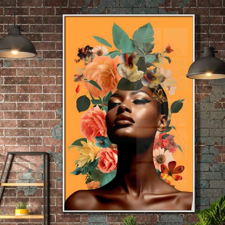 Quadro Decorativo Colagem de Flores no Fundo Amarelo Black Woman