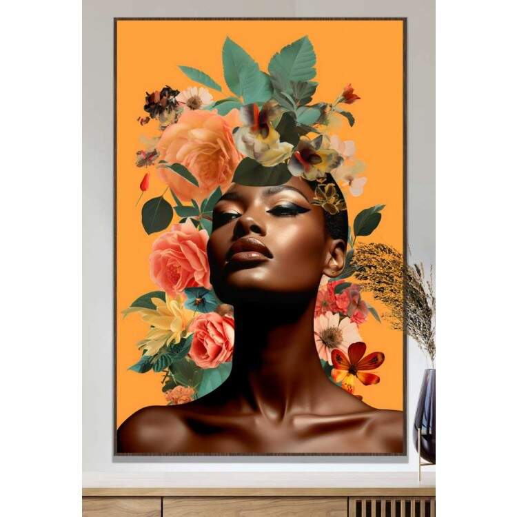 Quadro Decorativo Colagem de Flores no Fundo Amarelo Black Woman