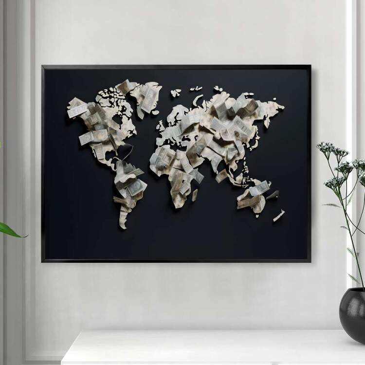 Quadro Decorativo Dinheiro em Forma de Mapa do Mundo