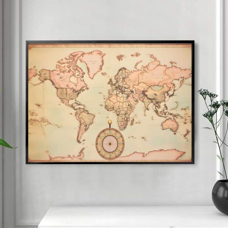 Quadro Decorativo Mapa do Mundo com Bssola em Cores Pastis